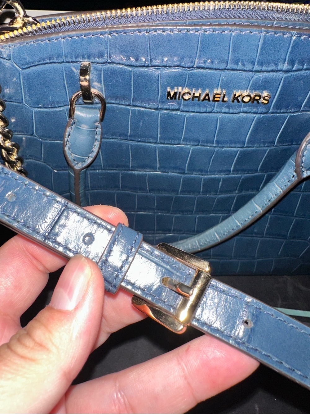 NWOT Michael Kors Croc Embossed Leather Bag Black Gold Chain Shoulder Crossbody - Picture 7 of 16